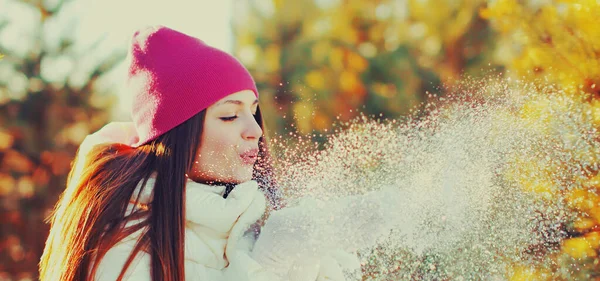 Winter Portrait Beautiful Young Woman Blowing Snowflakes Hands Outdoors — Stock Photo, Image