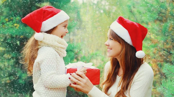 Portrait Mother Child Santa Red Hat Gift Box Christmas Trees — Stock Photo, Image