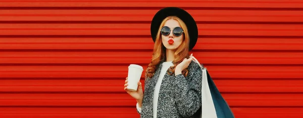 Fashionable Portrait Stylish Young Woman Shopping Bags Cup Coffee Wearing — Stock Photo, Image