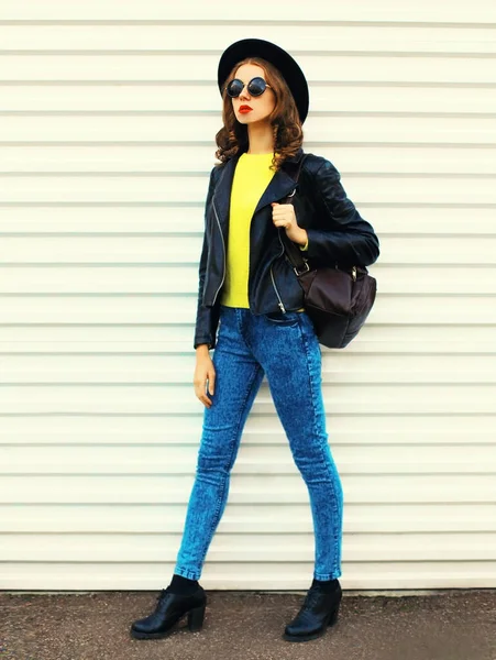 Fashionable Portrait Stylish Young Woman Model Posing Wearing Black Rock — Stock Photo, Image