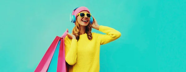 Colorful Portrait Stylish Smiling Young Woman Listening Music Headphones Shopping — Stock Photo, Image