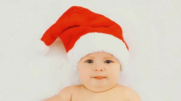 Christmas Portrait Happy Cute Baby Red Santa Hat Lying White — Stock Photo, Image