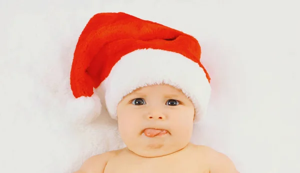 Christmas Portrait Happy Cute Baby Red Santa Hat Lying White — Stock Photo, Image