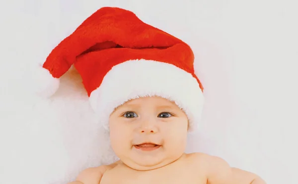 Christmas Portrait Happy Cute Baby Red Santa Hat Lying White — Stock Photo, Image