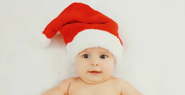 Christmas Portrait Happy Cute Baby Red Santa Hat Lying White — Stock Photo, Image