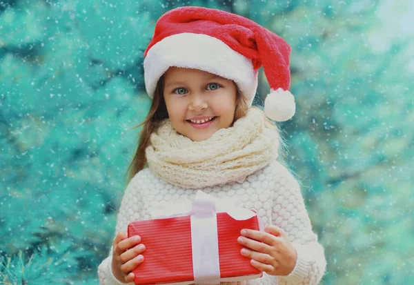 Julporträtt Glad Leende Liten Flicka Barn Santa Röd Hatt Med — Stockfoto