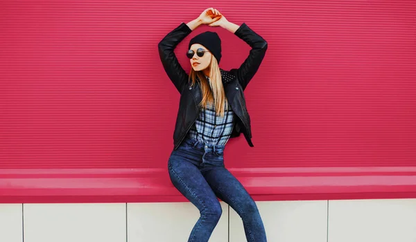 Stylish Blonde Woman Model Wearing Black Rock Style Clothes Pink — Stock Photo, Image