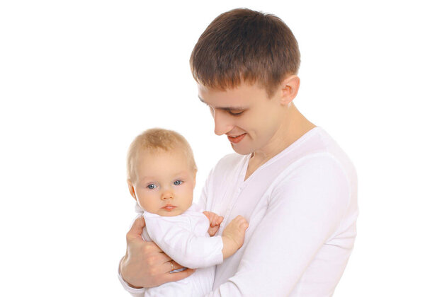 Portrait close up of happy young father with his baby isolated on a white background