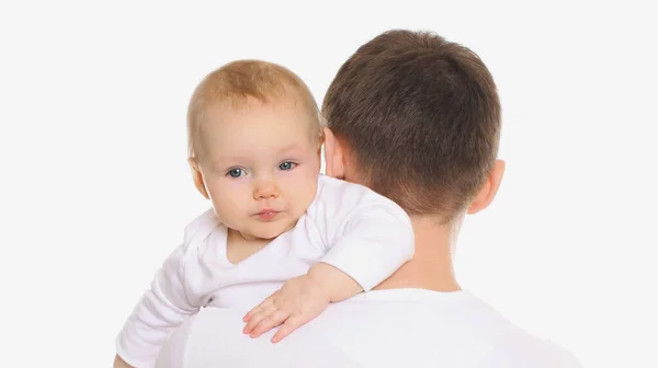 Retrato Close Feliz Jovem Pai Com Seu Bebê Isolado Fundo — Fotografia de Stock