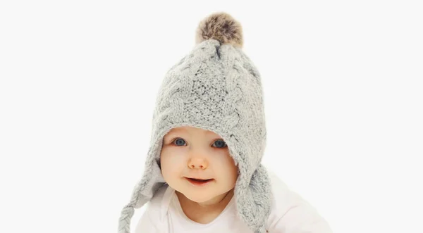 Portrait Close Smiling Baby Wearing Winter Knitted Gray Hat White — Stock Photo, Image