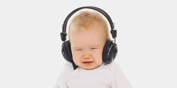 Portrait Close Baby Crying Headphones White Background — Stock Photo, Image