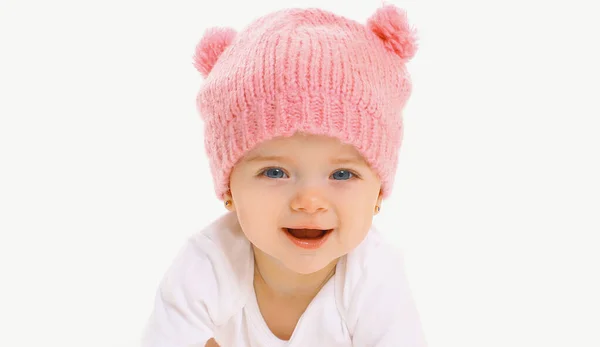 Portrait Close Sweet Baby Wearing Knitted Pink Hat White Background — Stock Photo, Image