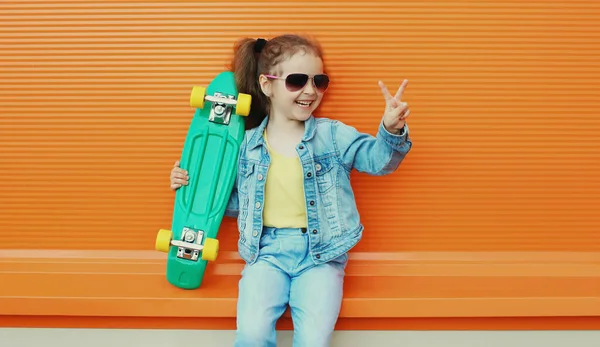 Portrait Cheerful Laughing Little Girl Child Posing Skateboard City Orange — Stock Photo, Image