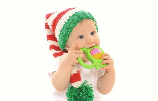 Portrait Baby Knitted Gnome Winter Hat Biting Rattle Toy White — Stock Photo, Image