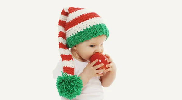 Portrait Baby Knitted Gnome Winter Hat Biting Red Apple White — Stock Photo, Image