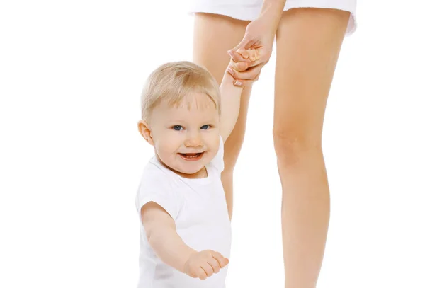 Portrait Cheerful Smiling Baby Holding Mom Hand White Background — Stock Photo, Image