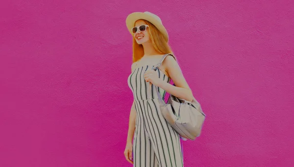 Stylish Model Woman Wearing Summer Straw Hat White Striped Jumpsuit — Stock Photo, Image
