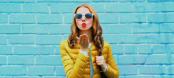 Portrait Young Woman Blowing Red Lips Sending Sweet Air Kiss — Stock Photo, Image