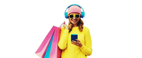 Colorful Portrait Stylish Smiling Young Woman Listening Music Headphones Shopping — Stock Photo, Image