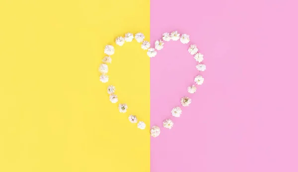 Pétales Fleurs Forme Coeur Sur Fond Rose Jaune Coloré Vue — Photo