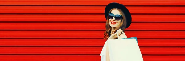 Portrait Stylish Beautiful Smiling Young Woman Shopping Bags Wearing Black — Stock Photo, Image