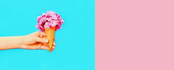 Crème Glacée Cône Avec Des Fleurs Roses Sur Fond Bleu — Photo