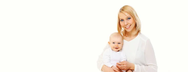 Feliz Sonriente Madre Bebé Divirtiéndose Juntos Aislados Sobre Fondo Blanco —  Fotos de Stock