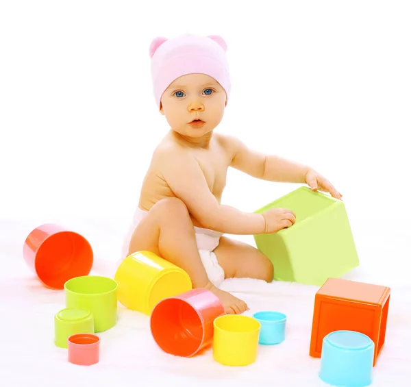 Portrait Cute Baby Playing Floor Colorful Blocks Toys White Background — Stock Photo, Image