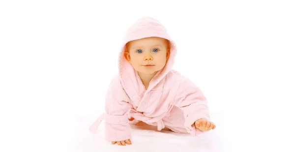 Happy Cute Little Baby Crawling Pink Bathrobe Floor White Background — Stock Photo, Image