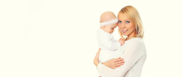 Retrato Feliz Madre Sonriente Lindo Bebé Aislado Sobre Fondo Blanco — Foto de Stock