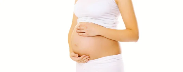 Close Zwangere Vrouw Geïsoleerd Witte Achtergrond — Stockfoto