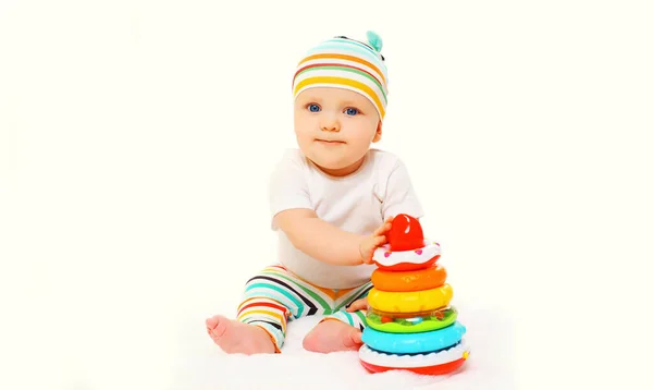 Portrait Little Baby Playing Toys Floor White Background — Stock Photo, Image