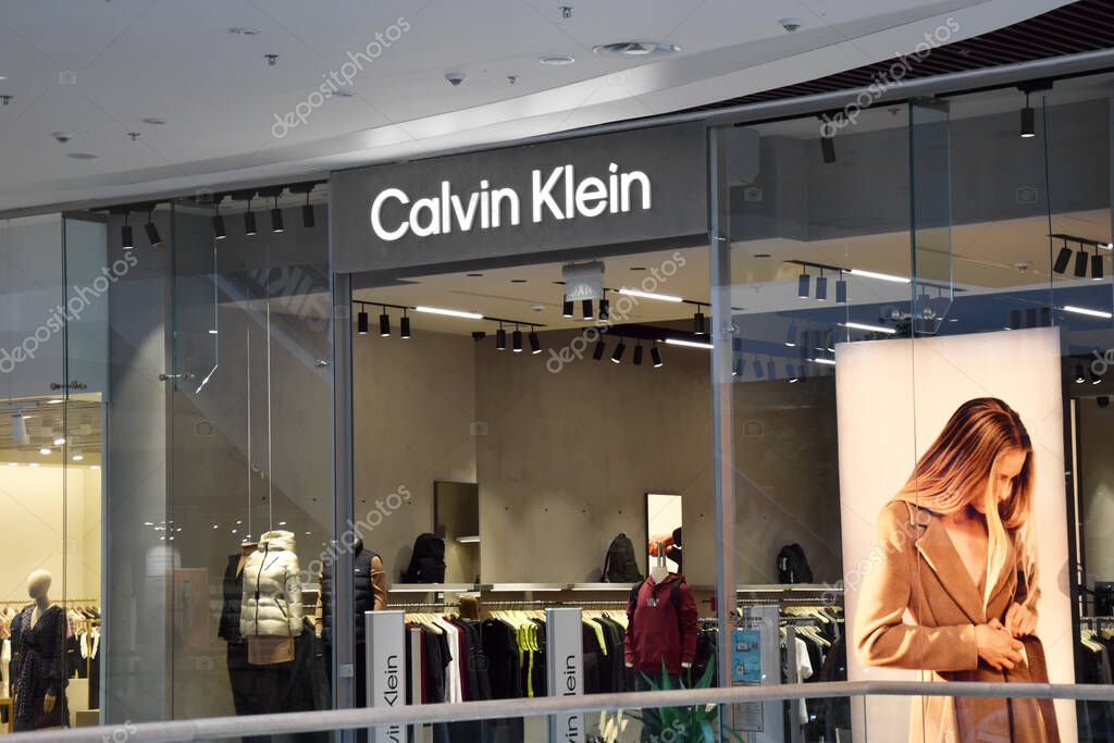 KHARKIV, UKRAINE - OCTOBER 6, 2021: Calvin Klein shop in Ukraine, logo sign outside a store. Fashion and clothes store chain, modern and stylish outfit.