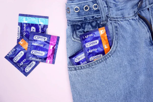 Kharkiv Ukraine October 2021 Contex Condom Jeans Pocket Contex Brand — Stock Photo, Image