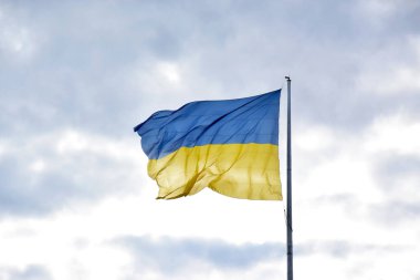 Ukrayna 'nın büyük ulusal bayrağı mavi gökyüzünde dalgalanıyor. Kharkiv şehrinde büyük sarı Ukrayna eyalet bayrağı. Bağımsızlık, bayrak, Anayasa Günü, Ulusal Tatil, metin alanı.