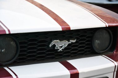 KHARKIV, UKRAINE - 6 Ekim 2021: MUSTANG araba amblemi ve araba radyatöründe marka logosu.
