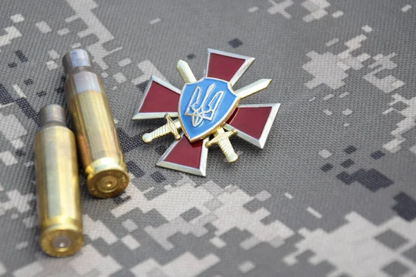 Sign Ground Forces Ukraine Background Military Camouflage Pair Cartridges War — Stockfoto