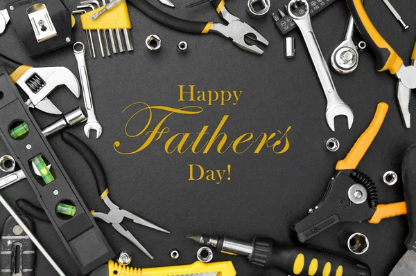 Lettering Happy Father Day Many Different Tools Repair Work Black — Stock Photo, Image