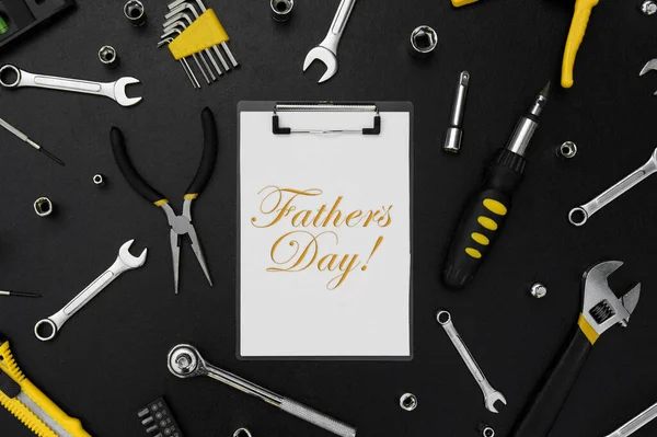 Lettering Happy Father Day Many Different Tools Repair Work Black — Stock Photo, Image