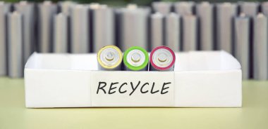 Kullanılmış AA bataryalar ve çevresel atıklar ve yeşil arka planda toprak toksik bataryalar. Zararlı ve geri dönüştürülebilir maddeleri ekolojik maddelere dönüştürme teknolojisi kavramı.