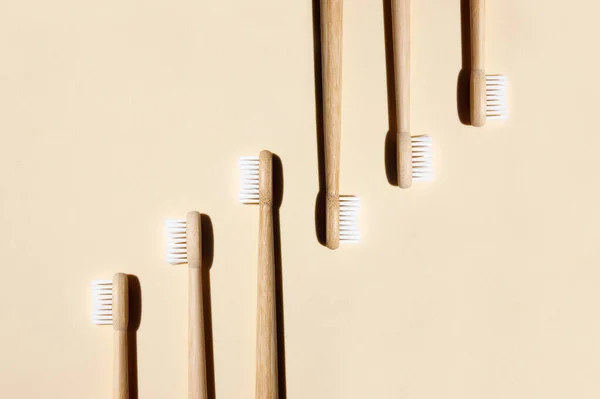Bamboo Toothbrushes Light Background Say Plastic Concept Top View Copy — Stock Photo, Image