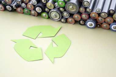 Kullanılmış AA bataryalar ve çevresel atık ve yeşil arka planda toprak toksik bataryalar. Zararlı ve geri dönüşümlü nesnelerin işlenmesi kavramı.