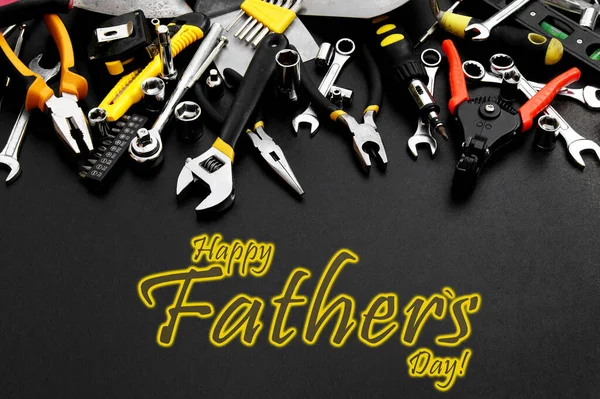 Lettering Happy Father Day Many Different Tools Repair Work Black — Stock Photo, Image