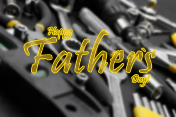 Inscription Happy Father Day Blurred Background Many Different Tools Repair — Stock Photo, Image