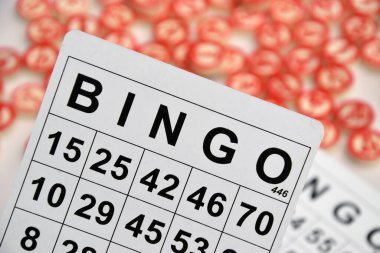 Masa başı bingo ya da loto oynamak için arka planda numaraları ve kartları olan bir sürü tahta fiş. Rus Lotosu 'nun dünya çapında klasik bingo oyunlarına benzer kuralları vardır..