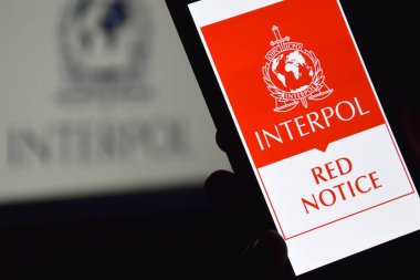 Kharkiv, Ukrayna - 16 Haziran 2022: İnterpol logosu ekranda gösterilen akıllı telefonu tutan kişi. Uluslararası Suç Polis Örgütü veya Interpol.