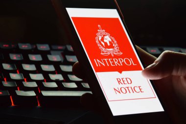 Kharkiv, Ukrayna - 16 Haziran 2022: İnterpol logosu ekranda gösterilen akıllı telefonu tutan kişi. Uluslararası Suç Polis Örgütü veya Interpol.