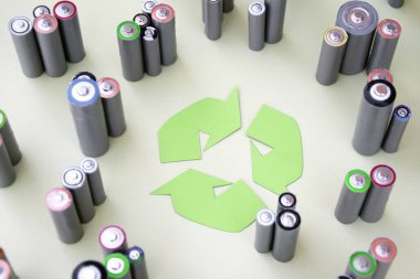 Kullanılmış AA bataryalar ve çevresel atık ve yeşil arka planda toprak toksik bataryalar. Zararlı ve geri dönüşümlü nesnelerin işlenmesi kavramı.