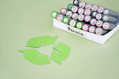 Kullanılmış AA bataryalar ve çevresel atık ve yeşil arka planda toprak toksik bataryalar. Zararlı ve geri dönüşümlü nesnelerin işlenmesi kavramı.