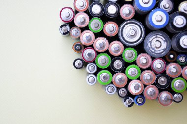 Kullanılmış AA bataryalar ve çevresel atık ve yeşil arka planda toprak toksik bataryalar. Zararlı ve geri dönüşümlü nesnelerin işlenmesi kavramı.